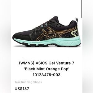 ASICS Gel Venture 7 running shoe Black Mint Orange Pop fair USED condition 8.5